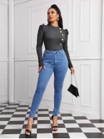 Leg-of-mutton Sleeve Buttoned Front Top