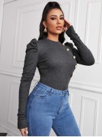 Leg-of-mutton Sleeve Buttoned Front Top