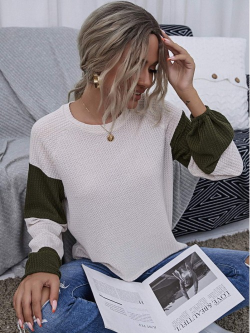 Color Block Raglan Sleeve Waffle Knit Tee