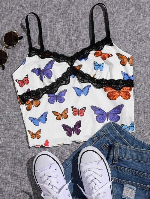 Contrast Lace Butterfly Print Cami Top