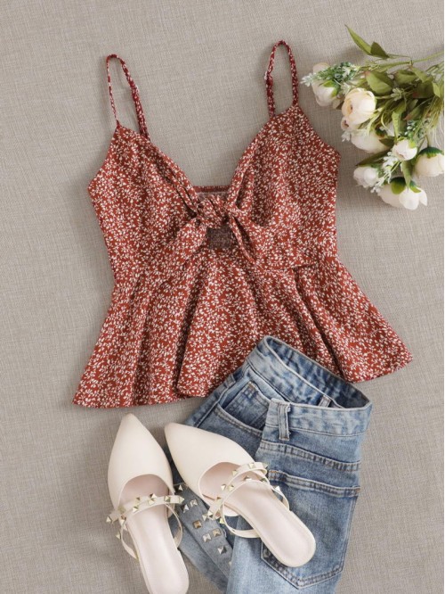 Ditsy Floral Self-Tie Cami Peplum Top