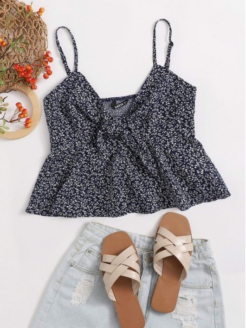 Tie Front Shirred Back Allover Plant Peplum Cami Top