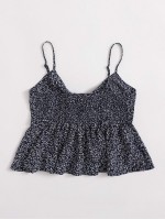 Tie Front Shirred Back Allover Plant Peplum Cami Top