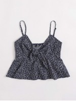 Tie Front Shirred Back Allover Plant Peplum Cami Top