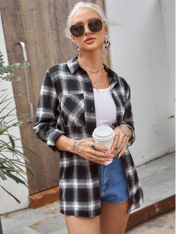 Plaid Button Through Pocket Front Blouse