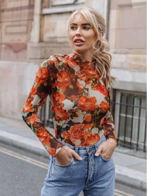 Mock Neck Floral Print Top