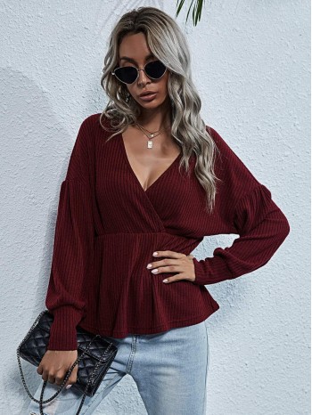 Surplice Drop Shoulder Rib Knit Tee