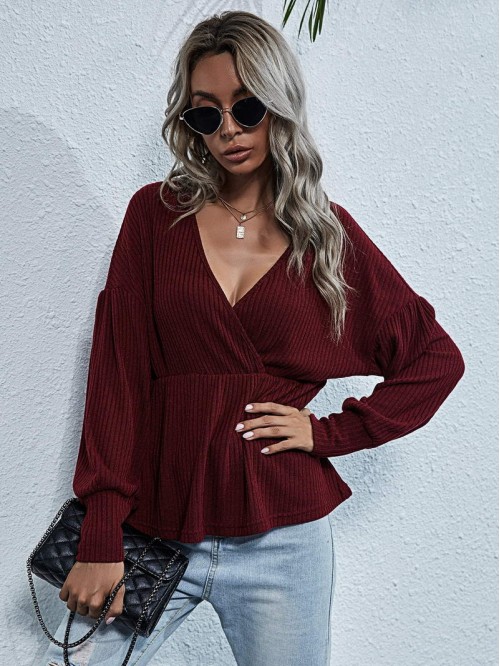 Surplice Drop Shoulder Rib Knit Tee