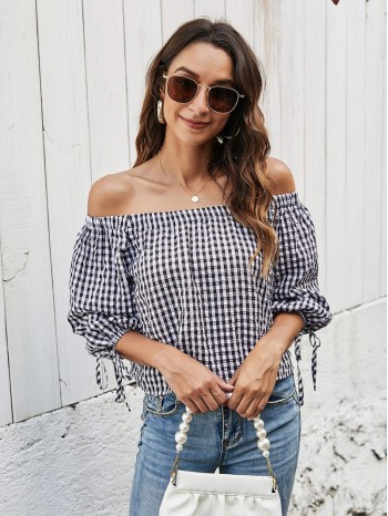 Gingham Off Shoulder Knot Cuff Top