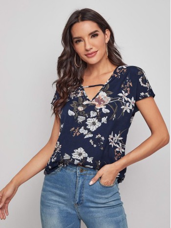 Cutout V-neck Floral Print Top