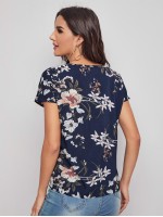 Cutout V-neck Floral Print Top