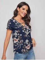 Cutout V-neck Floral Print Top