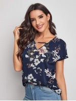 Cutout V-neck Floral Print Top