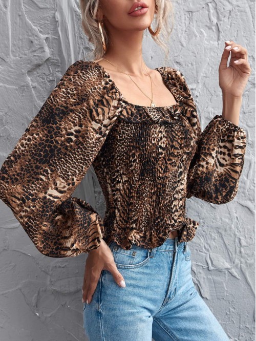 Lantern Sleeve Ruffle Trim Shirred Leopard Top