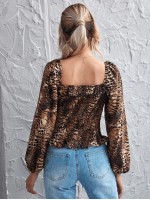 Lantern Sleeve Ruffle Trim Shirred Leopard Top