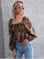 Lantern Sleeve Ruffle Trim Shirred Leopard Top