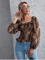 Lantern Sleeve Ruffle Trim Shirred Leopard Top