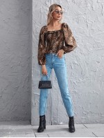 Lantern Sleeve Ruffle Trim Shirred Leopard Top