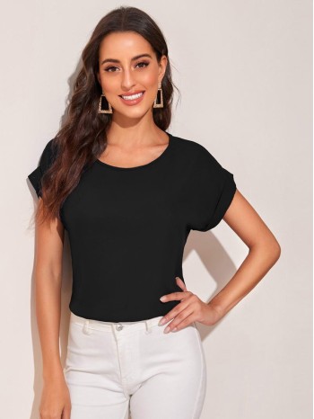 Rolled Cuff Dolman Sleeve Solid Top