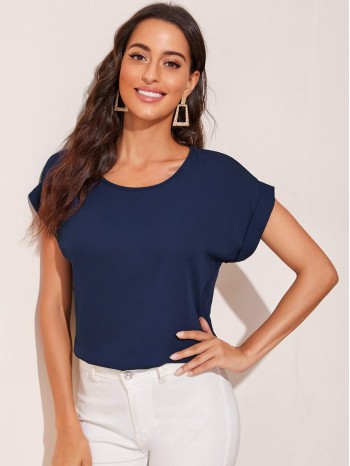 Rolled Cuff Dolman Sleeve Solid Top