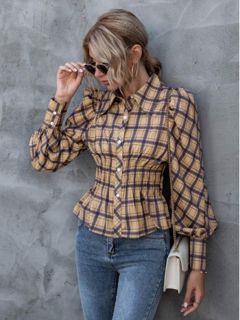 Plaid Puff Sleeve Shirred Blouse