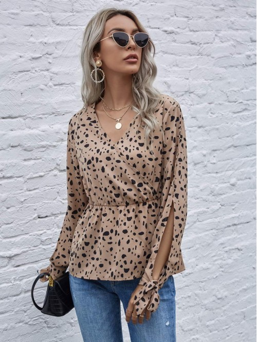 Dalmatian Print Wrap Tie Cuff Babydoll Blouse