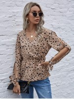 Dalmatian Print Wrap Tie Cuff Babydoll Blouse