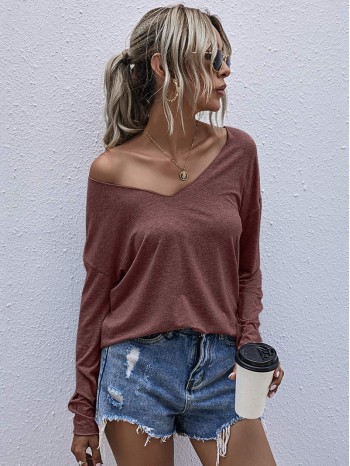 Solid V Neck Drop Shoulder Tee