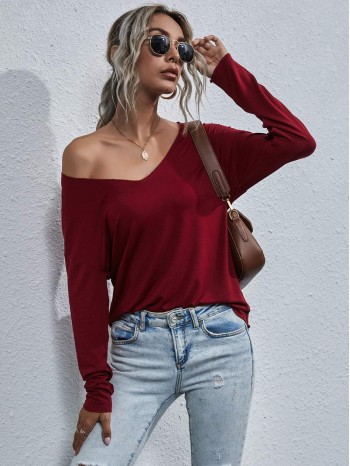 V-neck Drop Shoulder Solid Tee