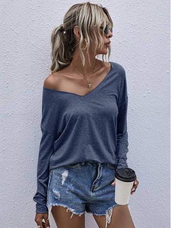 Solid V Neck Drop Shoulder Tee