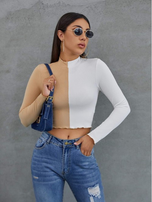 Mock Neck Lettuce Trim Rib-knit Colorblock Crop Tee