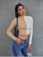 Mock Neck Lettuce Trim Rib-knit Colorblock Crop Tee