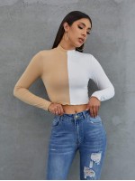 Mock Neck Lettuce Trim Rib-knit Colorblock Crop Tee