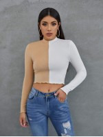 Mock Neck Lettuce Trim Rib-knit Colorblock Crop Tee