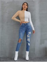 Mock Neck Lettuce Trim Rib-knit Colorblock Crop Tee