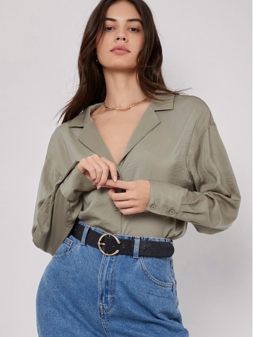 Button Front Drop Shoulder Blouse