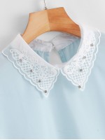 Contrast Lace Collar Pleated Cuff Blouse