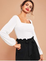 Square Neck Bishop Sleeve Solid Top