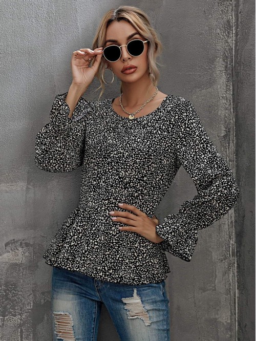 All Over Print Flounce Sleeve Peplum Blouse