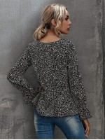 All Over Print Flounce Sleeve Peplum Blouse