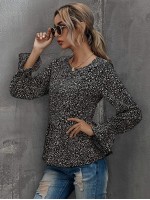 All Over Print Flounce Sleeve Peplum Blouse