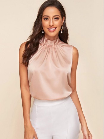 Tie Back Gathered Neck Satin Top