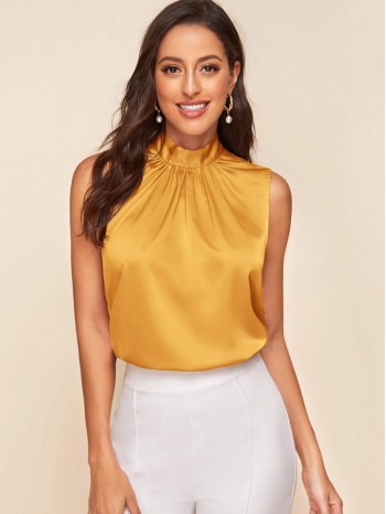 Tie Back Gathered Neck Satin Top