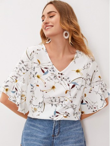 V-neck Botanical Print Flounce Sleeve Top