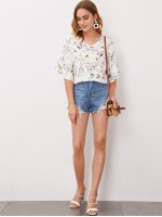 V-neck Botanical Print Flounce Sleeve Top