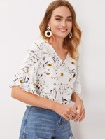 V-neck Botanical Print Flounce Sleeve Top