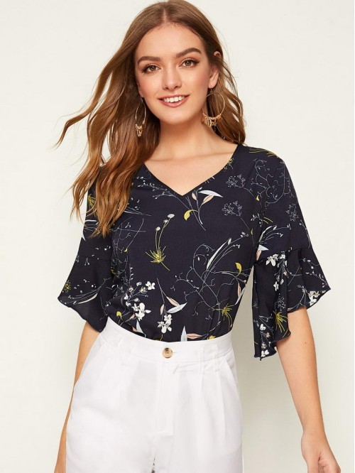 Botanical Print Asymmetrical Ruffle Cuff Top