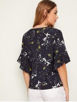 Botanical Print Asymmetrical Ruffle Cuff Top