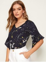 Botanical Print Asymmetrical Ruffle Cuff Top