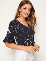 Botanical Print Asymmetrical Ruffle Cuff Top